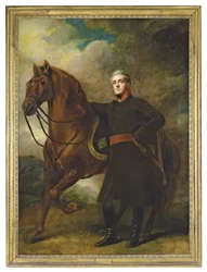 Portret van Alexander Douglas-Hamilton, 10e Hertog van Hamilton en 7e Hertog van Brandon, ten voeten uit, in uniform, met zijn Arabische paard, in een landschap