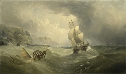 Schepen voor de kust in een stormachtige zee, 1874