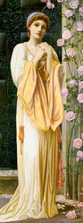 "A Fair Maid" Jonge vrouw gekleed in antieke stijl, met parelketting. Schilderij van Henry Ryland (1856-1924) (pre-raphaeliet) 1901 Privécollectie