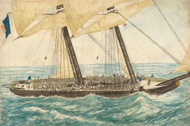 De Portugese slavenhandelaar Diligenté gevangen door H.M. Sloop Pearl met 600 slaven aan boord