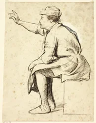 Zittende man met opgeheven arm