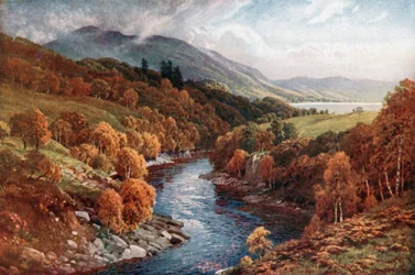 De rivier de Awe stroomt naar Loch Etive, Argyllshire (kleurenlitho)