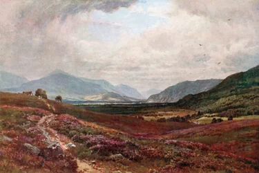 De Grampians vanaf Boot van Garten, Inverness-Shire (kleurenlitho)