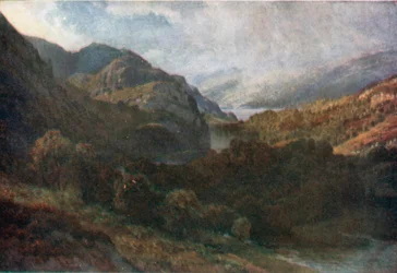 De uitstroom van Loch Katrine, Perthshire (kleurenlitho)