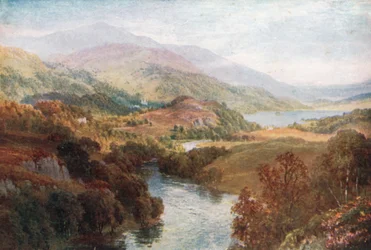 De rivier de Teith, met de meren Achray en Vennachar, Perthshire (kleurenlitho)