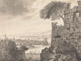 Landschap met ruïnes op de voorgrond, haven en dorp op de achtergrond
