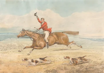 Een jachtknecht en twee jachthonden die hard door open land rennen