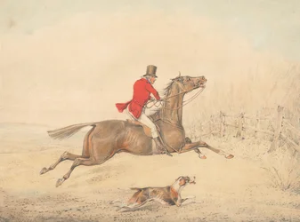 Ruiter op een bruin paard op het punt een hek naar rechts te springen