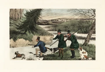 Victoriaanse heren jagen op eenden met geweren en honden op een bevroren meer