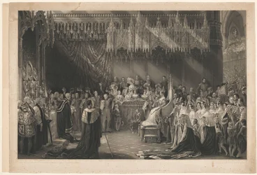 Kroning van Koningin Victoria van Engeland. Naar George Hayter, met adres van Graves en Warmsby. Houtsnede schets en legende bijgevoegd