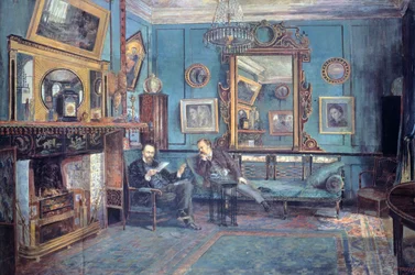 Dante Gabriel Rossetti leest gedicht voor aan Theodore Watts-Dunton in de woonkamer