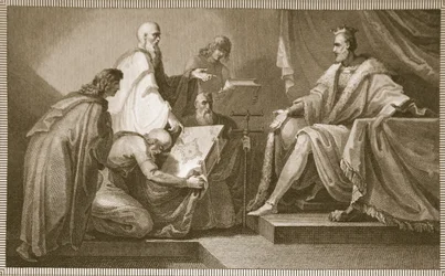 Doomsday Book gepresenteerd aan Willem I, gegraveerd door J. Fittler, illustratie uit David Hume