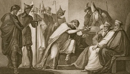 Edward II doet afstand van zijn kroon, gegraveerd door Schiavonelli, illustratie uit David Hume