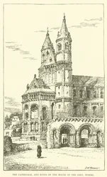 De kathedraal en ruïnes van het Huis van de Rijksdag, Worms (gravure)