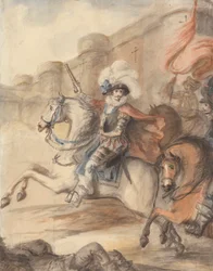 Een cavalerieofficier (Hendrik IV) leidt een charge buiten een kasteel