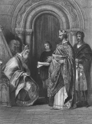 Koning Hendrik II van Engeland presenteert de pauselijke bul van 1155 die hem toestond Ierland binnen te vallen, te besturen en te regeren