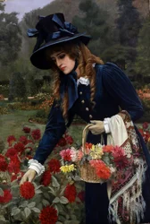 Het bloemenmeisje. Een jonge vrouw plukt bloemen in een tuin en doet ze in een mand. Ze draagt een grote hoed, een blauwe fluwelen jurk en handschoenen. Haar haar is opgestoken in Engelse krullen. Haar shirt is over haar arm gevouwen. Schilderij