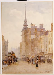 Uitzicht op Ludgate Hill vanaf de trappen van St. Paul