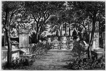 Graven van jezuïet Matteo Ricci (1552-1610) en Adam Schall von Bell (1592-1666) in Peking (Beijing) in de jaren 1870. Gravure naar een tekening van Catenacci, naar een foto van Thomson, in 