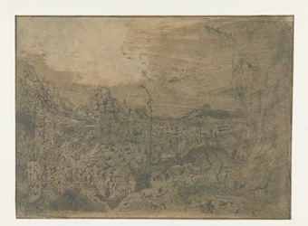 Rotsachtig landschap met een man die naar rechts loopt, eerste versie