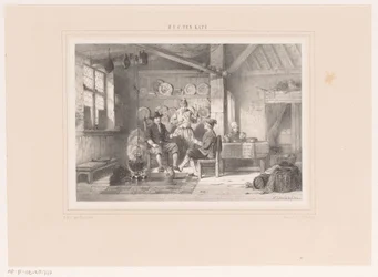 Interieur met drie mannen bij een haard