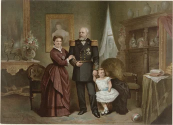 Portret van Willem III, koning der Nederlanden, Emma, koningin-regentes der Nederlanden, en Wilhelmina, koningin der Nederlanden