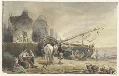 Strandgezicht met boten en vissers