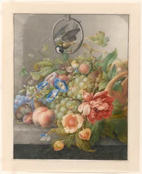 Stilleven met bloemen, vruchten, een koolmees en een muis