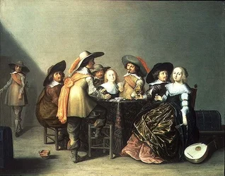 Interieur met dames en heren die kaarten spelen