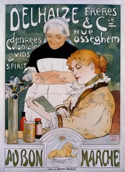Dame en dienstmeid, poster voor bedrijf Delhaize Freres et Cie au bon marche