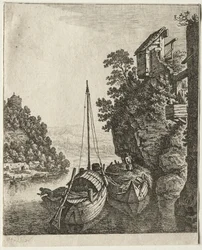 Twee boten aangemeerd onder een rots, 1667