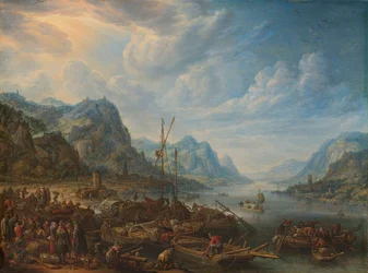 Gezicht op een rivier met aanlegplaatsen voor boten