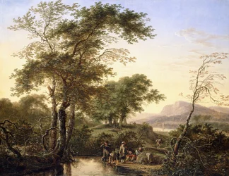 Een Uitgebreid Italiaans Rivierlandschap met Reizigers bij een Poel, 1646