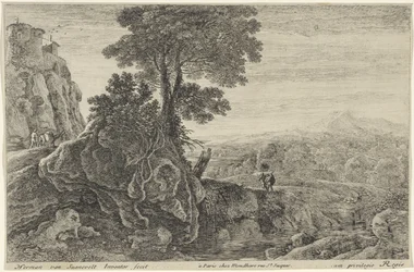 Landschap met een gebouw op een rots