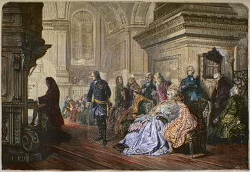De Koning van Pruisen Frederik II de Grote (1712-1786) luistert naar de componist Johann Sebastian Bach die een hof speelt, gravure naar een schilderij van Kaulbach - Frederik II de Grote, Koning van Pruisen, luisterend naar Johann Sebastian Bach aan het o