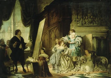 Van Dyck in zijn studio schildert een portret van Charles, prins van Wales, zoon van Charles I, 1876