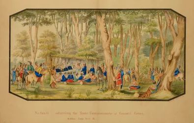 Sa-tan-ti spreekt de vredescommissarissen toe bij Council Grove, Medicine Lodge Creek
