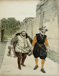 Hendrik IV (1553-1610) en Charles de Lorraine, hertog van Mayenne (1554-1611). Eerste verzoeningsgesprek tussen de twee vijanden, Mayenne, leider van de Ligueurs en de koning, in de tuinen van het kasteel van Montceaux, in de Brie, in 1596. Illustratie