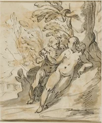 Adam en Eva Onder een Boom (recto); Twee Mannen in Geschil (verso)