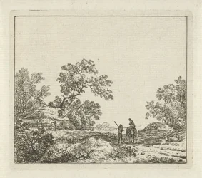 Landschap met man te voet en vrouw te paard