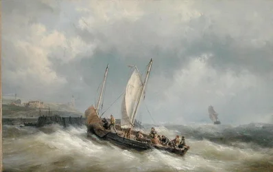 Een logger die de haven binnenkomt in een storm