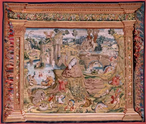 Vlaams wandtapijt. Serie Vier wandtapijten naar Hiëronymus Bosch. Sint-Antonius in gebed. Tweede wandtapijt in de serie. Model Geïnspireerd door het werk van Hiëronymus Bosch. Manufacture Onbekende werkplaats, Brussel. Voor 1560. Stof Goud