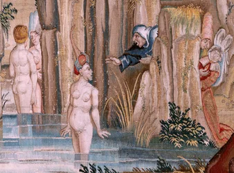 Vlaams wandtapijt. Serie Vier wandtapijten naar Hieronymus Bosch. Sint Antonius in gebed. Tweede wandtapijt in de serie.