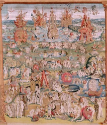 Vlaamse wandtapijt. Serie Vier wandtapijten naar Jheronimus Bosch. De tuin der lusten. Vierde wandtapijt in de serie. Model Geïnspireerd door het werk van Jheronimus Bosch. Atelier Onbekende werkplaats, Brussel. Voor 1560. Stof