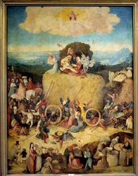 De Allegorie Hooiwagen van mannen en vrouwen die proberen het meeste uit het heden te halen. Centraal paneel van het allegorische drieluik over het Verleden, het heden van Hieronymus Van Aeken (Aken) bekend als Jeroen Bosch (1450-1516), ca. 1490. Madrid, P