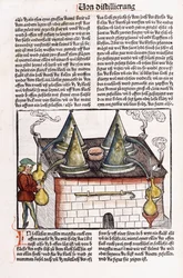 Illustratie van een distilleerderij uit de late 15e eeuw om de essentiële oliën van planten te extraheren, 1500