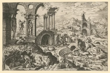 De heilige Hiëronymus in een landschap vol ruïnes