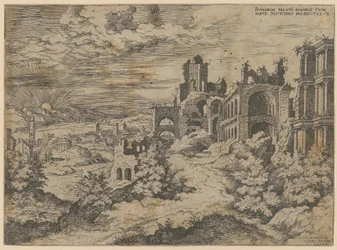 Ruïnes van de Palatijn met een panoramisch uitzicht op het landschap, blad 3 uit de reeks „Praecipua aliquot Romanae Antiquitatis Ruinarum Monimenta [...]”