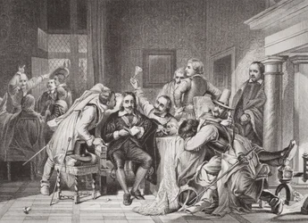 Karel I (1600-49) in de wachtkamer beledigd door de soldaten van Oliver Cromwell, uit 