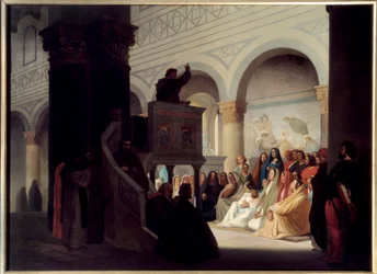 Savonarole (1452-1498) predikend in San Miniato in Florence. Girolamo Savonarola (1452-1498), Dominicaanse broeder en Italiaanse voorspeller die Florence regeerde van 1494 tot 1498.